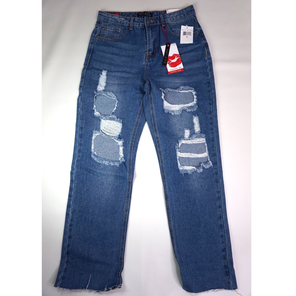 Hot Kiss Highest Rise Straight Leg Distressed Jeans Medium Wash Women Size 7 NWT